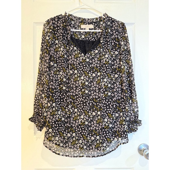 LOFT Women's Floral Print V-Neck Sleeveless Blouse‎ Top Black Yellow White M - Picture 1 of 5